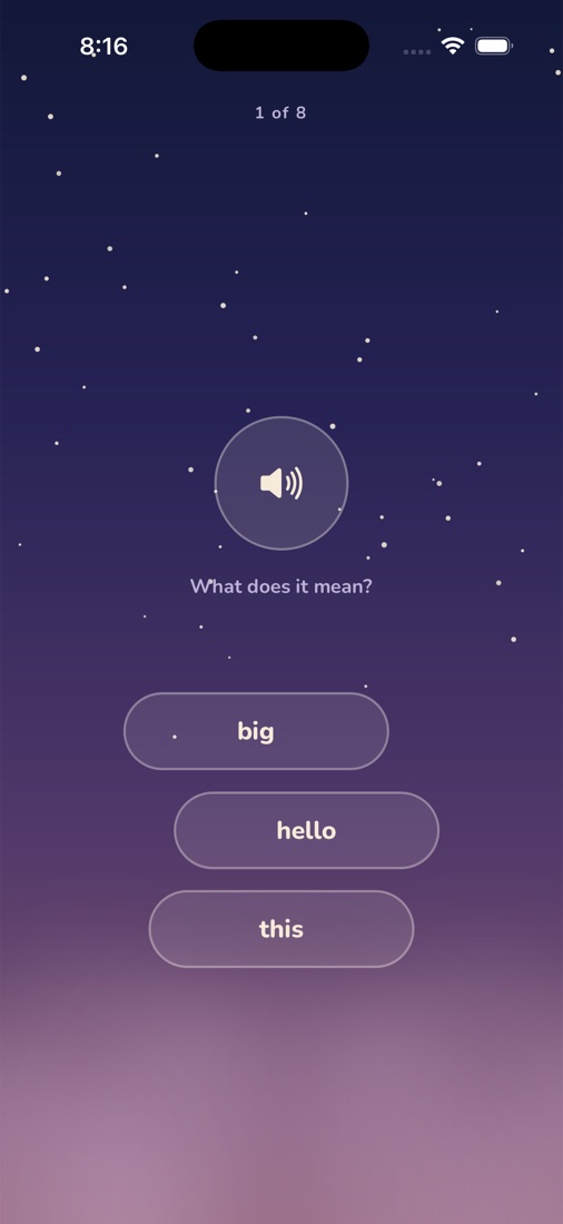 The bedtime dream: a word is played aloud under a night sky, with three meanings to choose from.